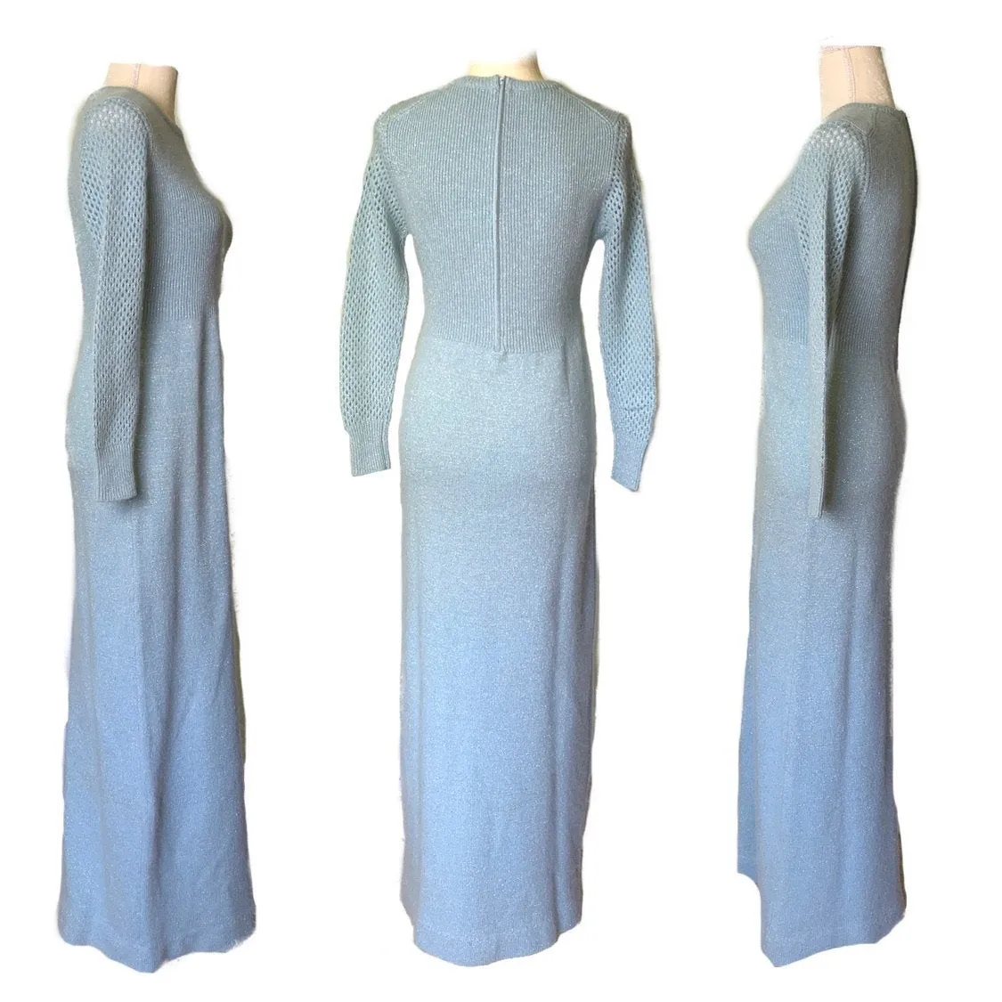 1970s Blue Sweater Maxi Dress by Saks Fifth Avenue. Wool and Mohair Knit. Sustainable Clothing.