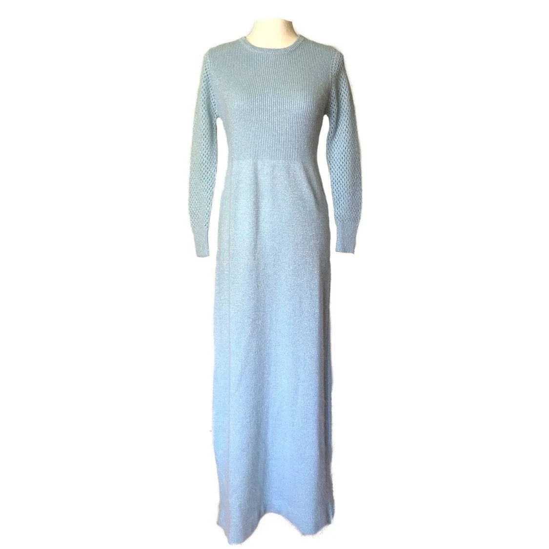 1970s Blue Sweater Maxi Dress by Saks Fifth Avenue. Wool and Mohair Knit. Sustainable Clothing.