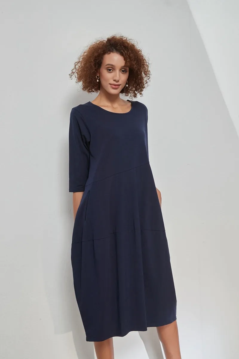 3/4 Sleeve Diagonal Seam Dress - Deep Navy