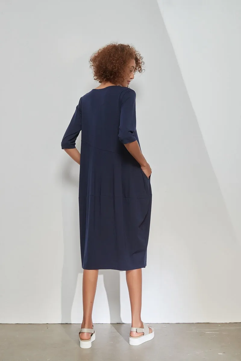 3/4 Sleeve Diagonal Seam Dress - Deep Navy