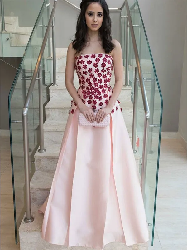 A-Line Strapless Pleated Pink Satin Prom Dresses with Appliques, TYP1292