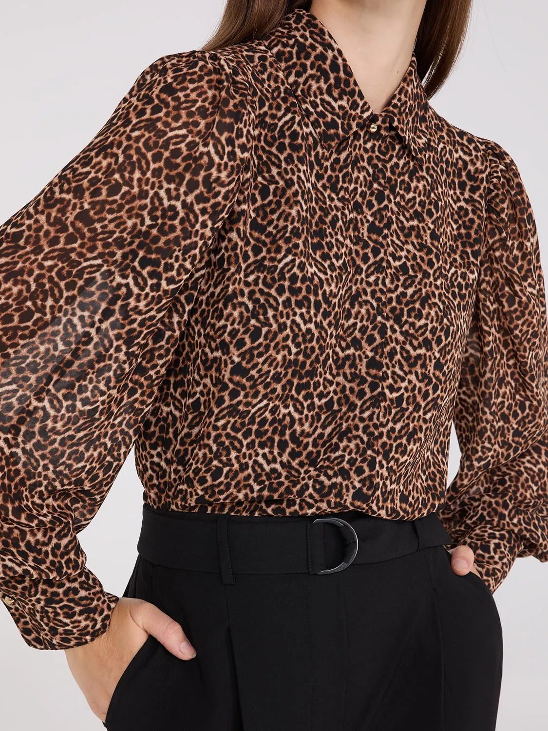 Animal Print Chiffon Volume Sleeve Blouse