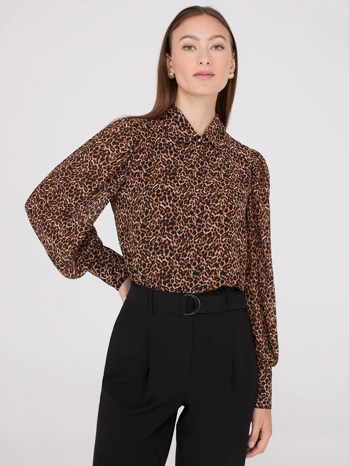 Animal Print Chiffon Volume Sleeve Blouse