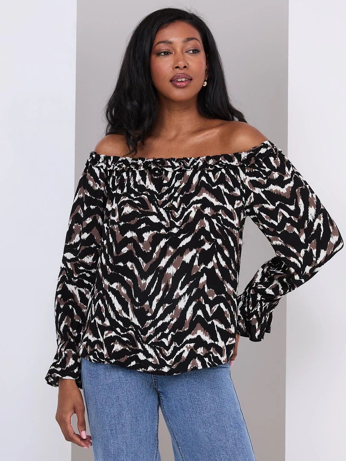 Animal Print Off-The-Shoulder Top With Ruffle Details