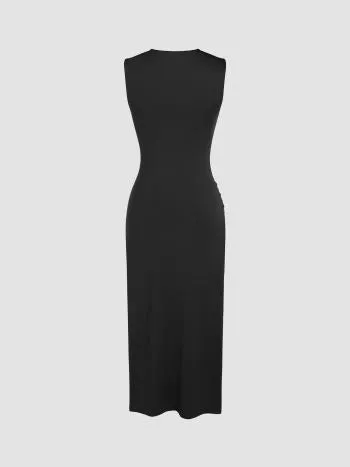 Asymmetrical neck solid ruched maxi dress in black