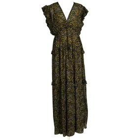 Ba&Sh Black & Tan Leaf Print Chiffon Maxi Dress S