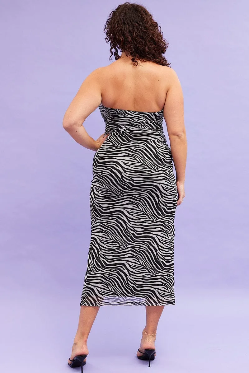 Black Animal Print Maxi Bodycon Dress Strapless Side Split Mesh