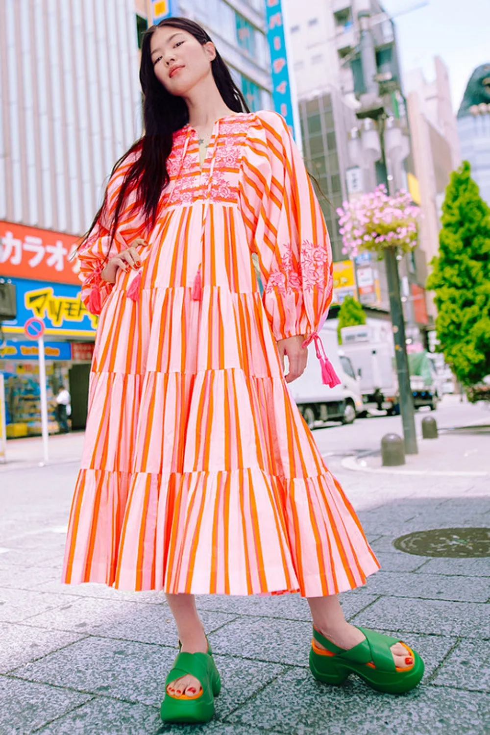 BOHO MIDI DRESS PINK MULTI STRIPE