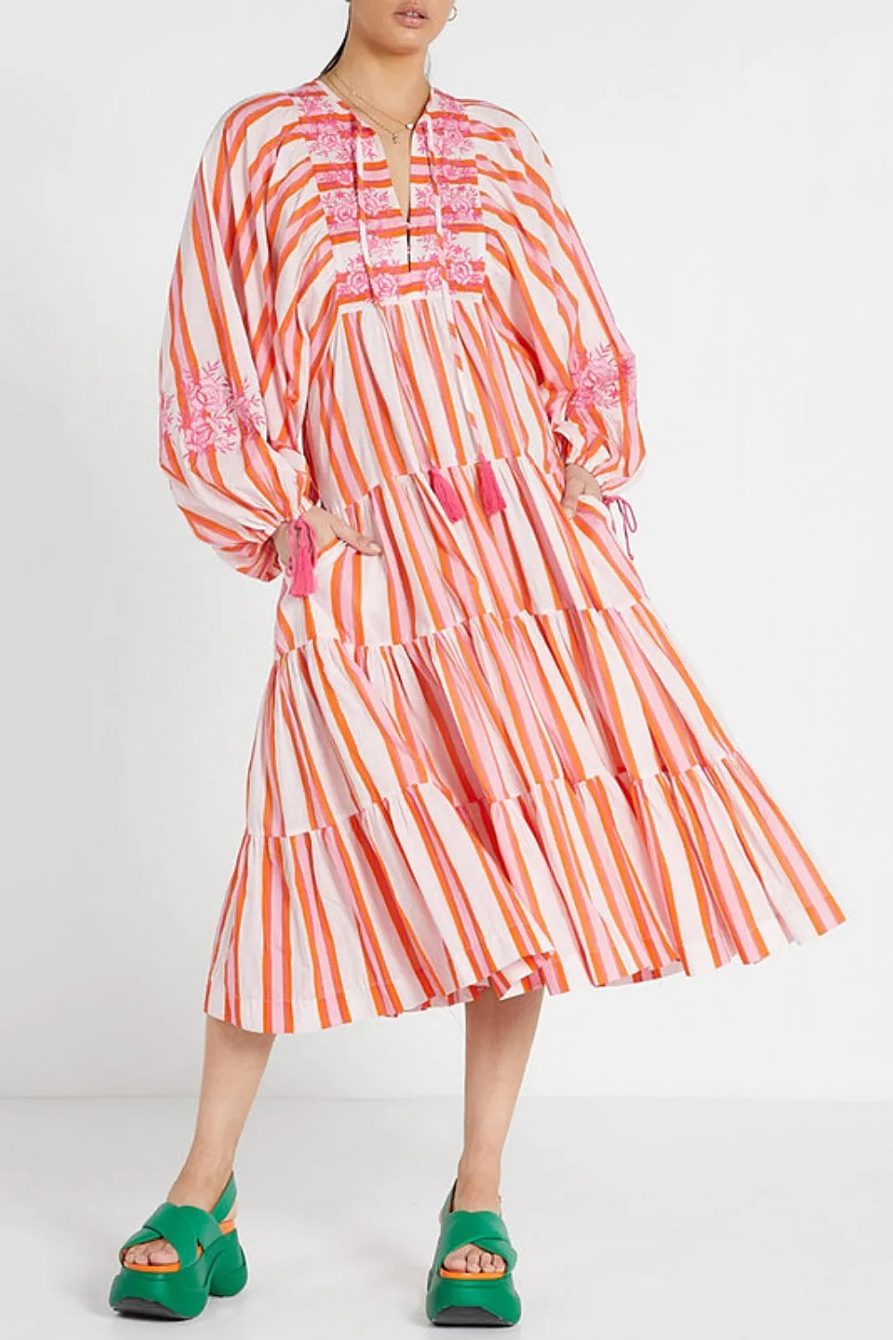 BOHO MIDI DRESS PINK MULTI STRIPE