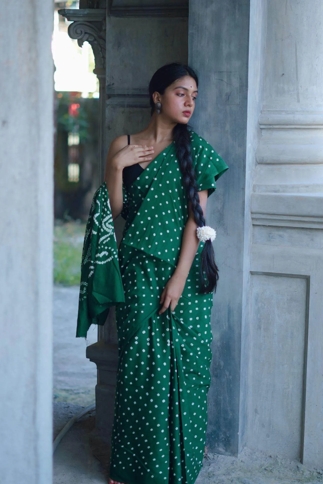 Boond - Bandhani green cotton Bandhani cotton saree