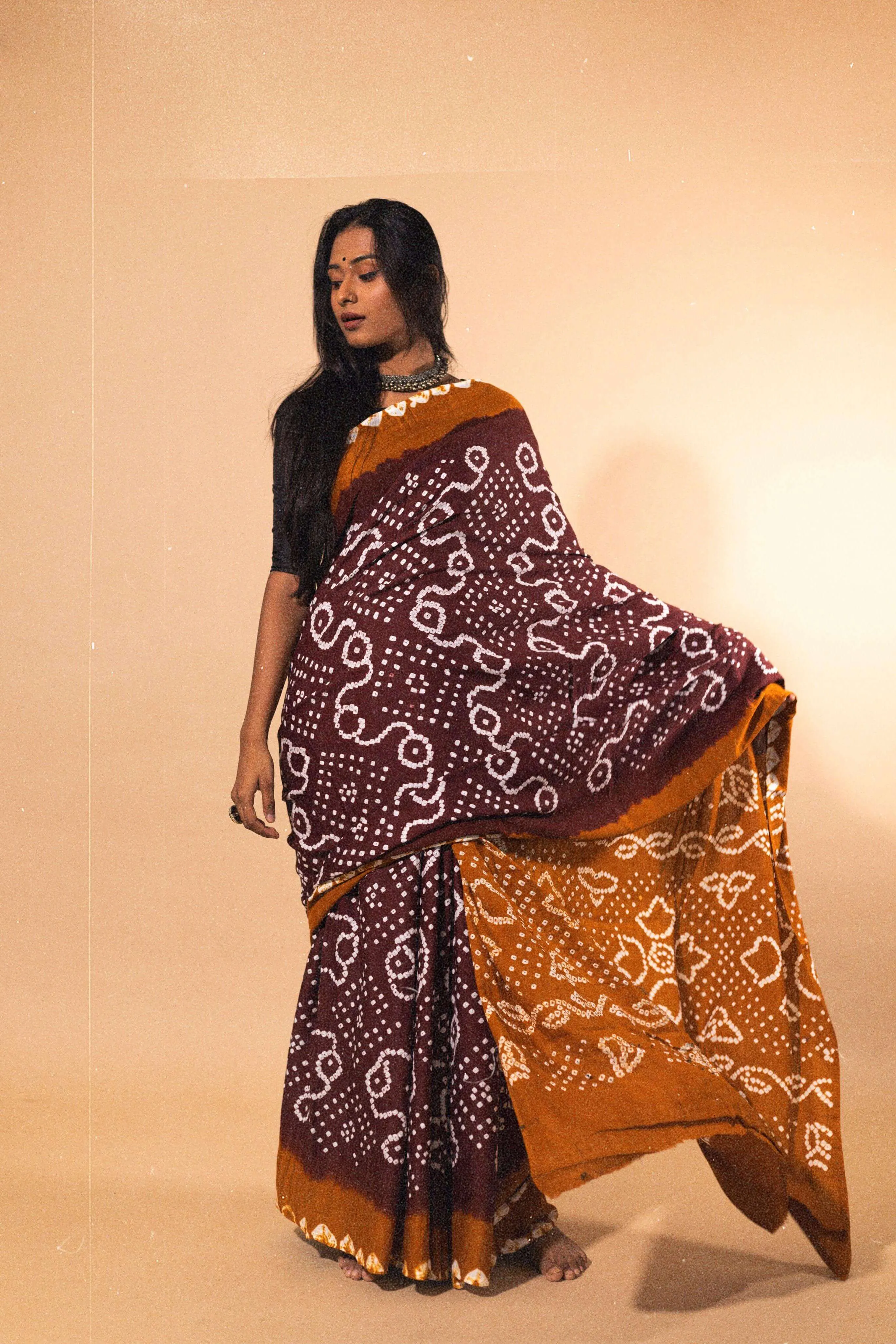 Boond - Bandhani mustard and brown cotton Bandhani cotton saree