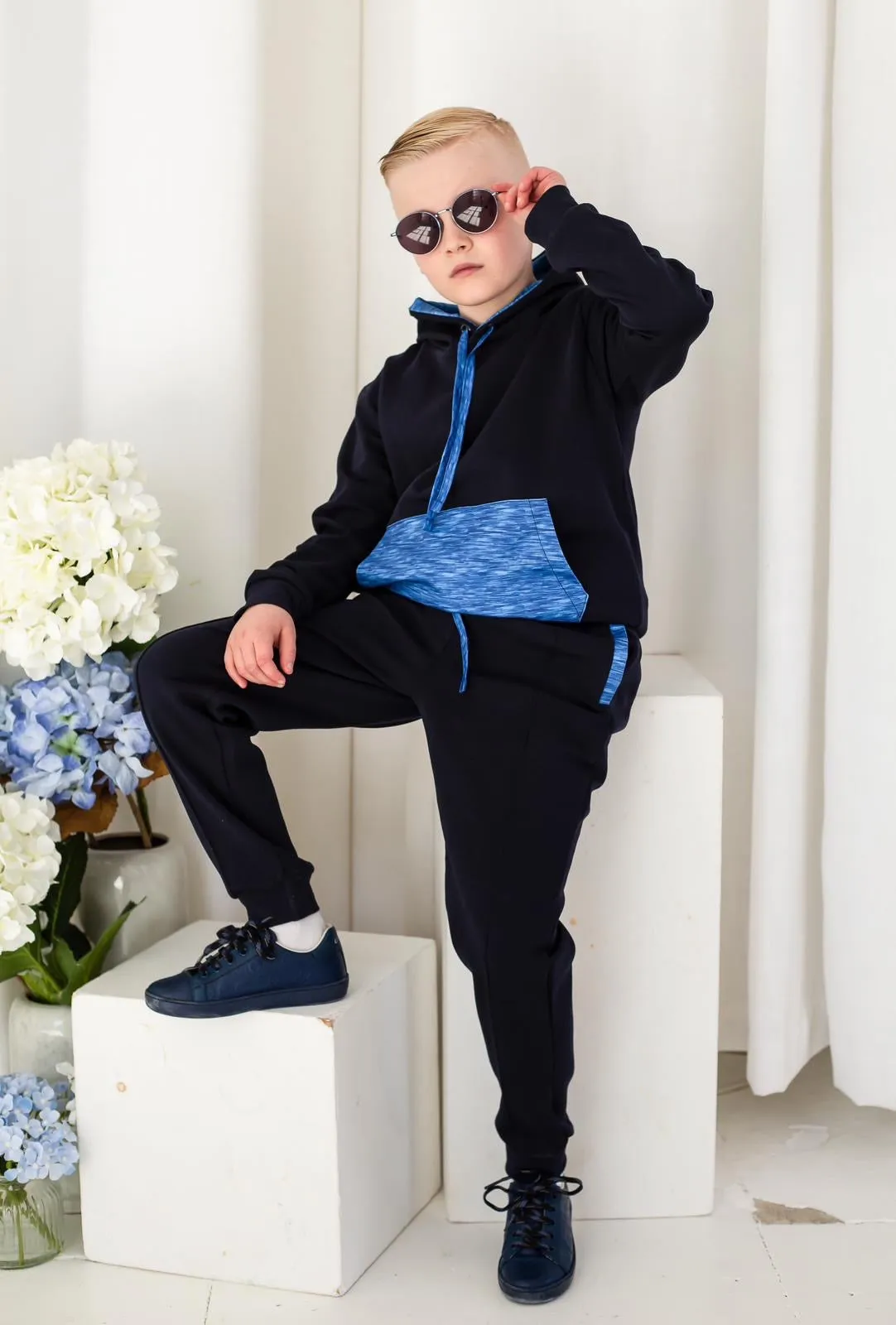 Boys Blue Textured Hooded Tracksuit