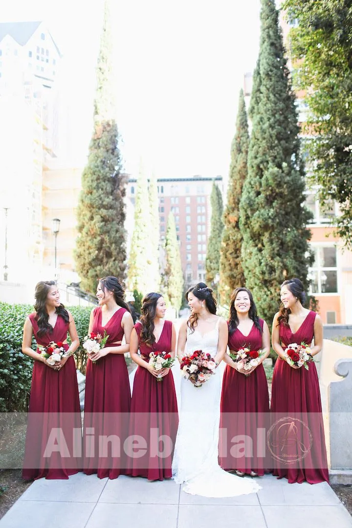 Burgundy Chiffon Unique Long Sleeveless V-neck A-line Bridesmaid Dresses , AB1228