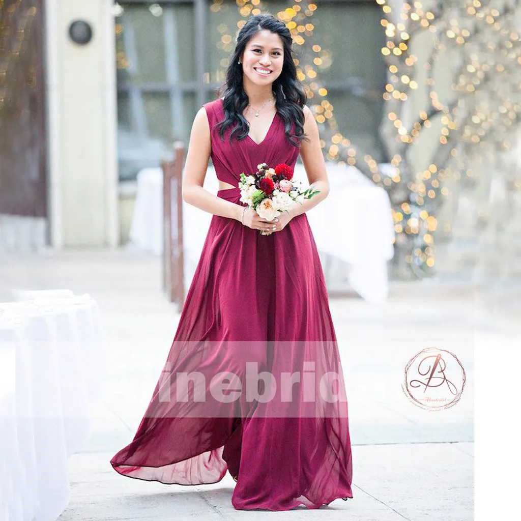 Burgundy Chiffon Unique Long Sleeveless V-neck A-line Bridesmaid Dresses , AB1228