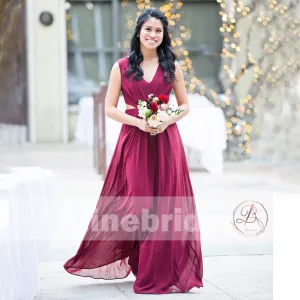 Burgundy Chiffon Unique Long Sleeveless V-neck A-line Bridesmaid Dresses , AB1228