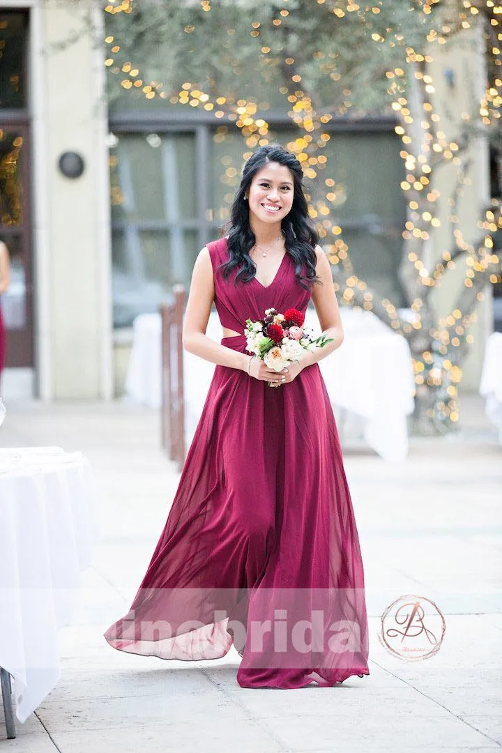 Burgundy Chiffon Unique Long Sleeveless V-neck A-line Bridesmaid Dresses , AB1228