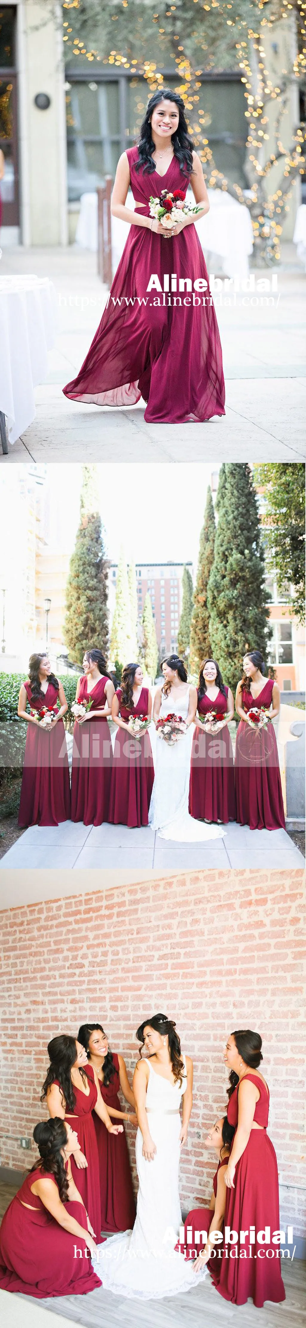 Burgundy Chiffon Unique Long Sleeveless V-neck A-line Bridesmaid Dresses , AB1228