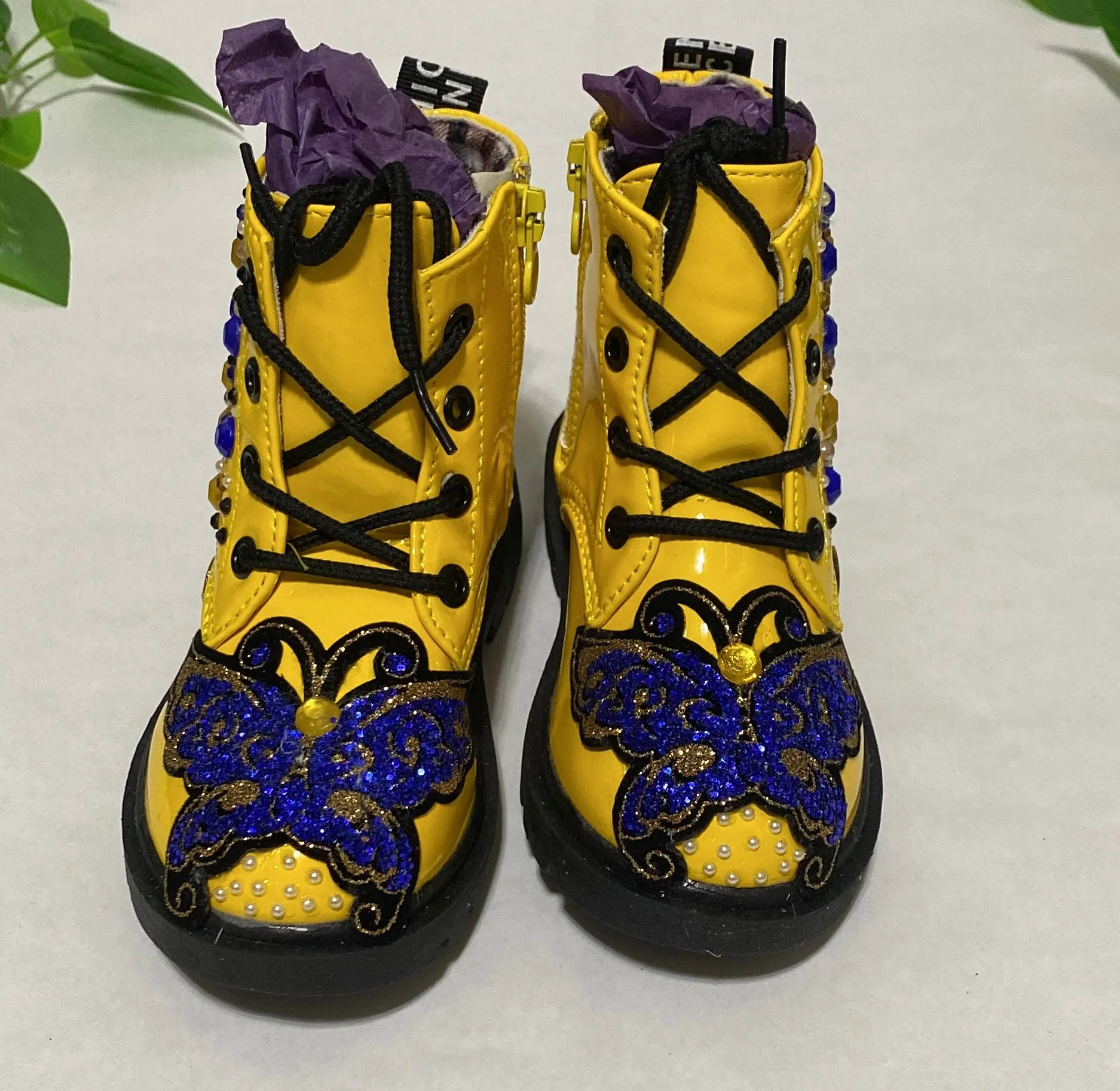 BUTTERFLY BLUE CUSTOM ONE OF A KIND YELLOW BOOTS