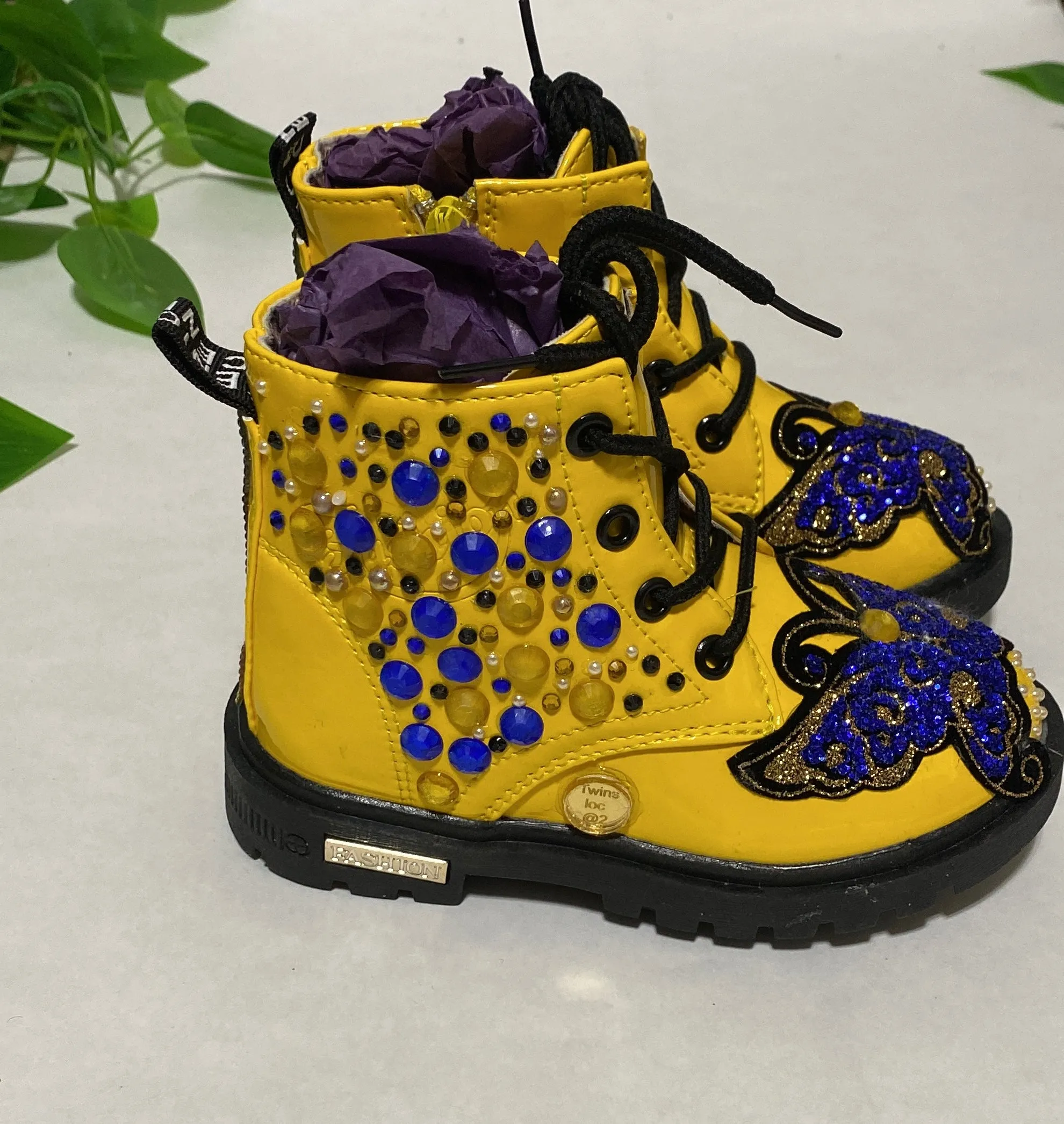 BUTTERFLY BLUE CUSTOM ONE OF A KIND YELLOW BOOTS