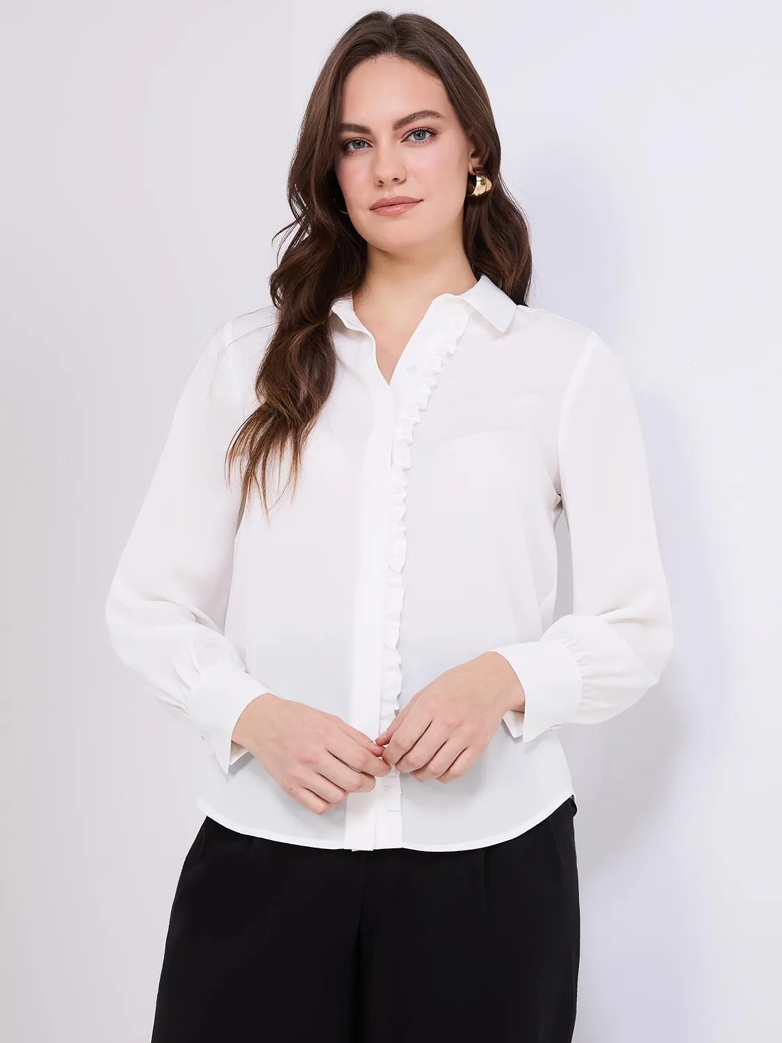 Button-Front Blouse With Ruffle Detail