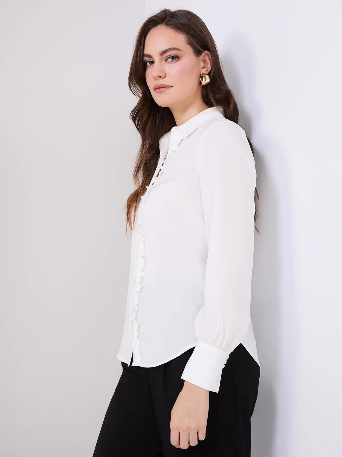 Button-Front Blouse With Ruffle Detail