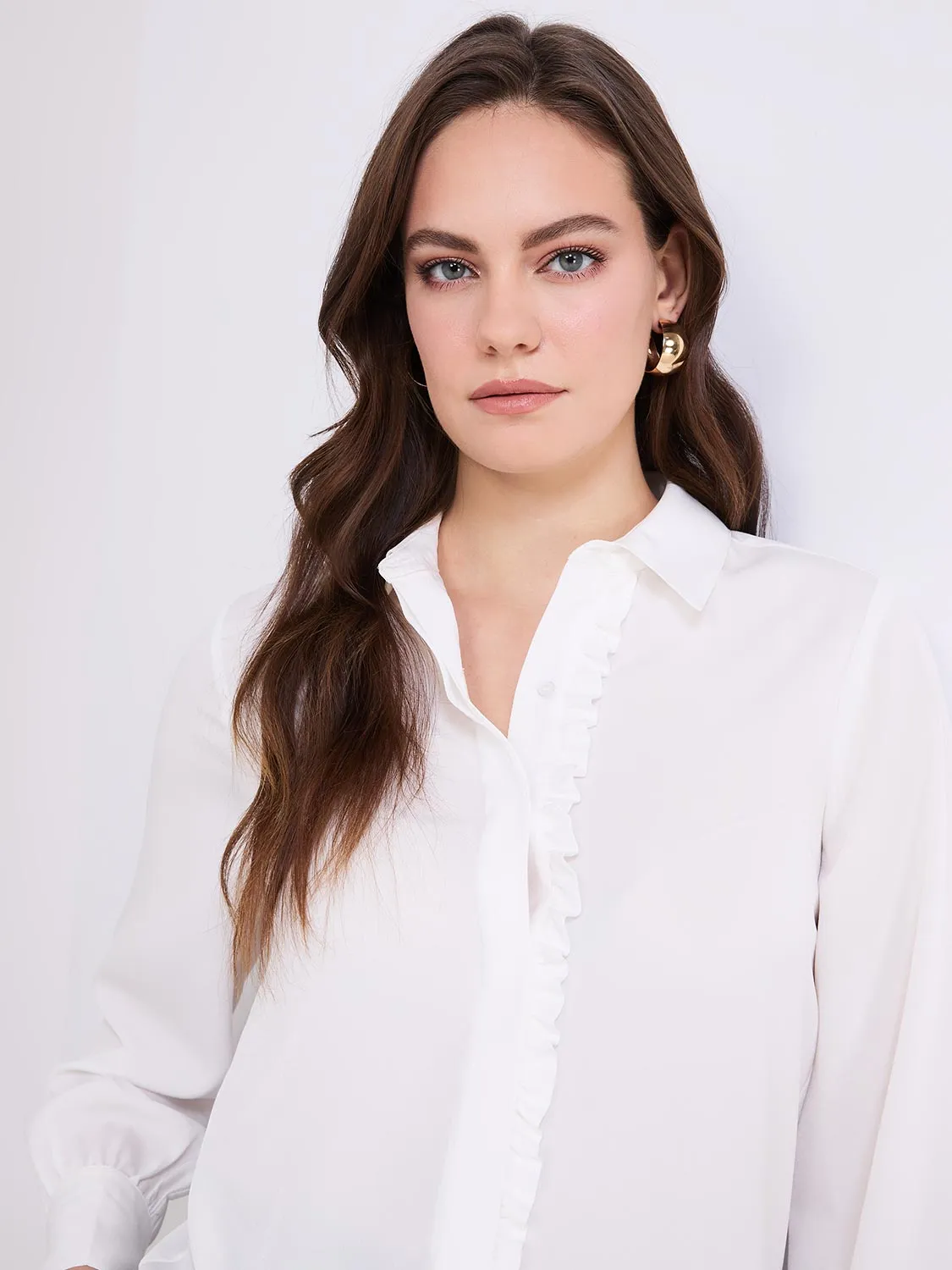 Button-Front Blouse With Ruffle Detail