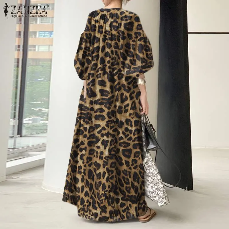 Casual Leopard Printing Shirt Collar Printed Dress Dress 2XL B-25480