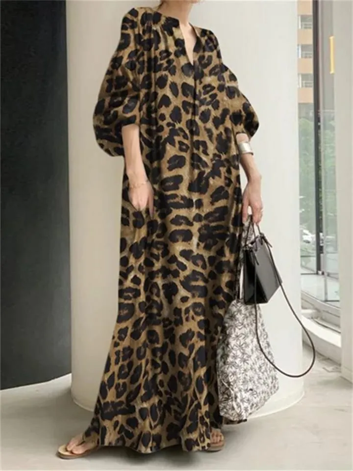 Casual Leopard Printing Shirt Collar Printed Dress Dress 2XL B-25480