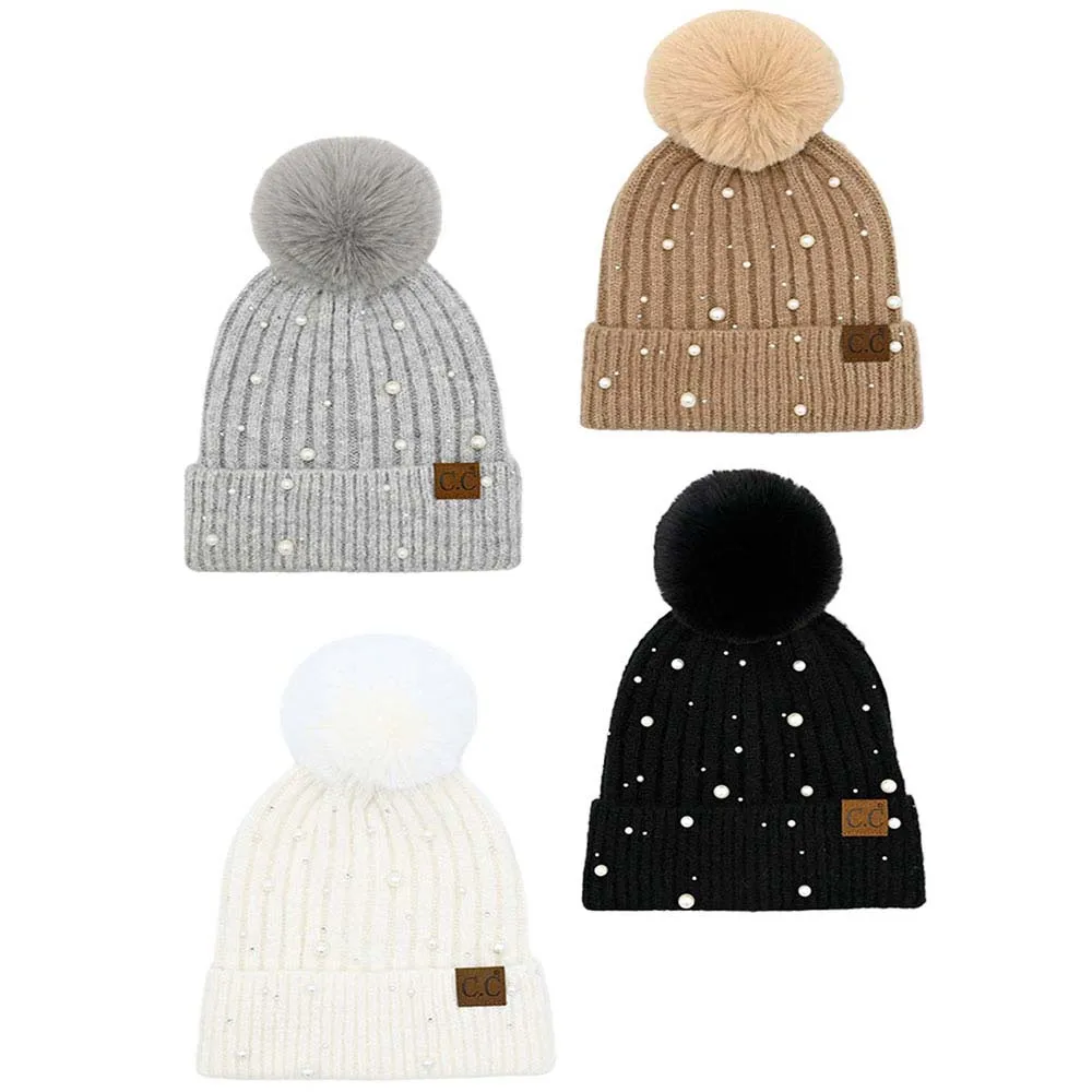 C.C Pearl Embellishments Pom Pom Beanie Hat