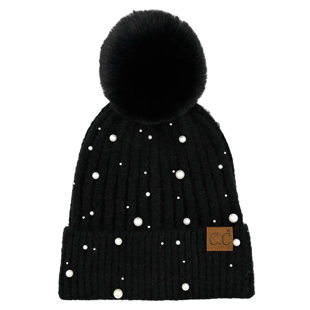 C.C Pearl Embellishments Pom Pom Beanie Hat