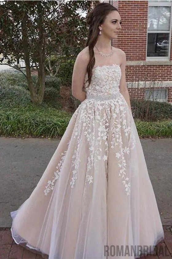 Charming Strapless V Neck Prom Dress, Sexy Sleeveless Evening Dress, Tulle Appliques Long Prom Dresses, PD0424