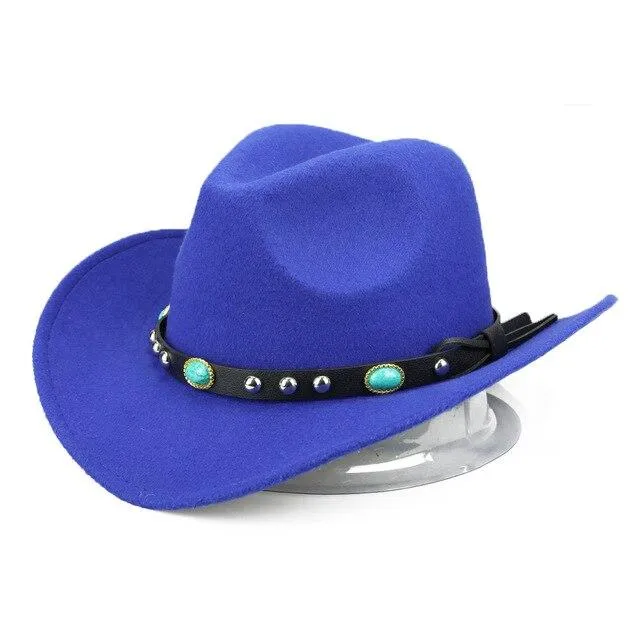 Cowboy Hat with Featured Belt Blue Stone and Black Band