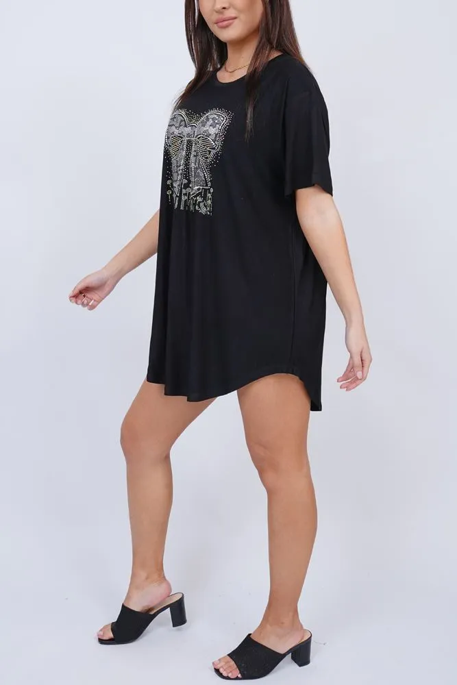 Diamante Bow Pattern Round Hem Top