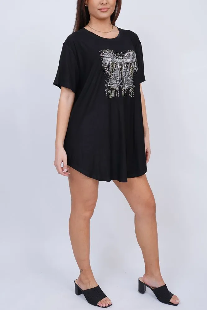 Diamante Bow Pattern Round Hem Top