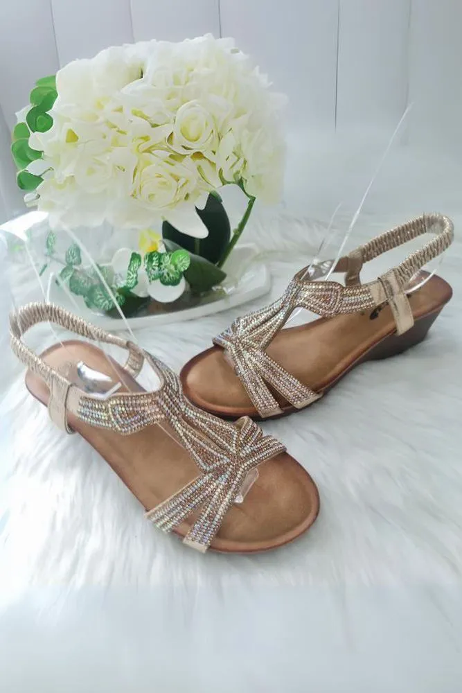 Diamante Pattern Wedge Elastic Strap Heels Sandal