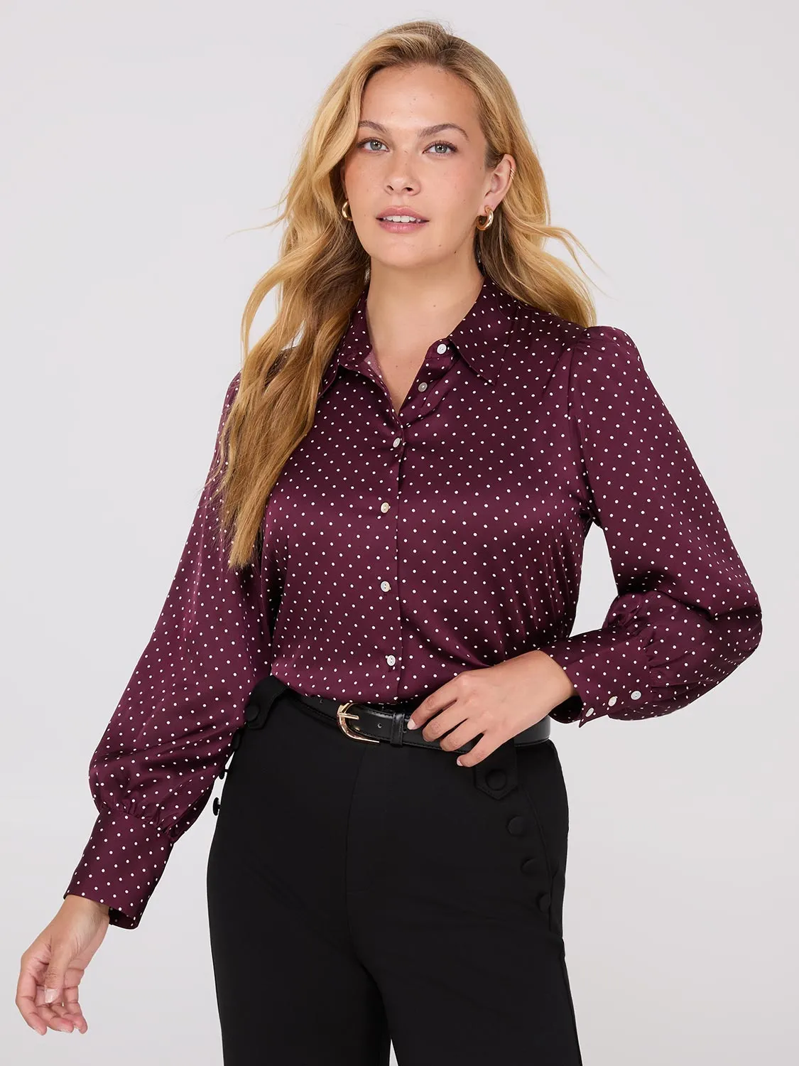 Dot Print Satin Volume Sleeve Button-Front Blouse