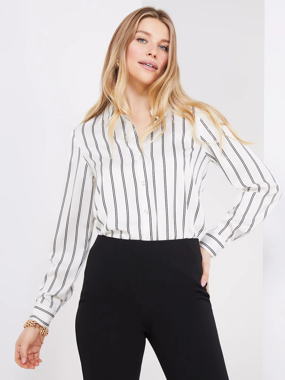 Double Pinstripe Satin Button-Front Blouse