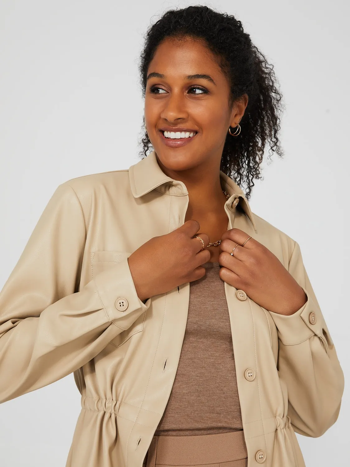 Drawstring Shacket With Front Pockets