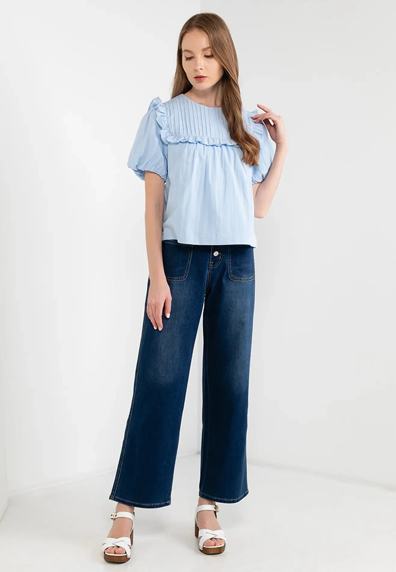 ELLE Apparel Flounce-Trimmed Short Sleeves Blouse