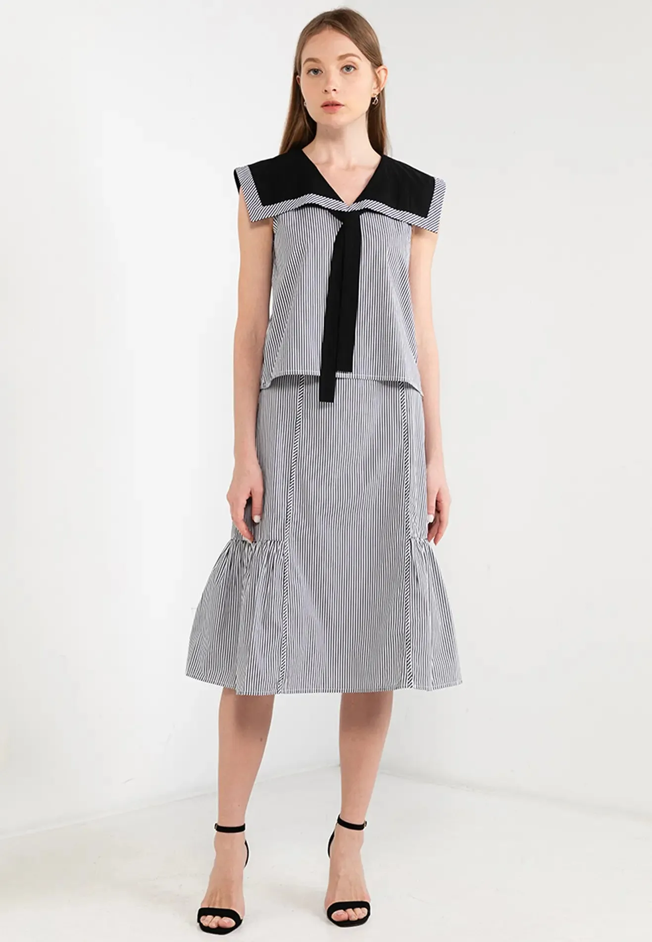 ELLE Apparel Sailor Collar Bow-Tie Striped Top