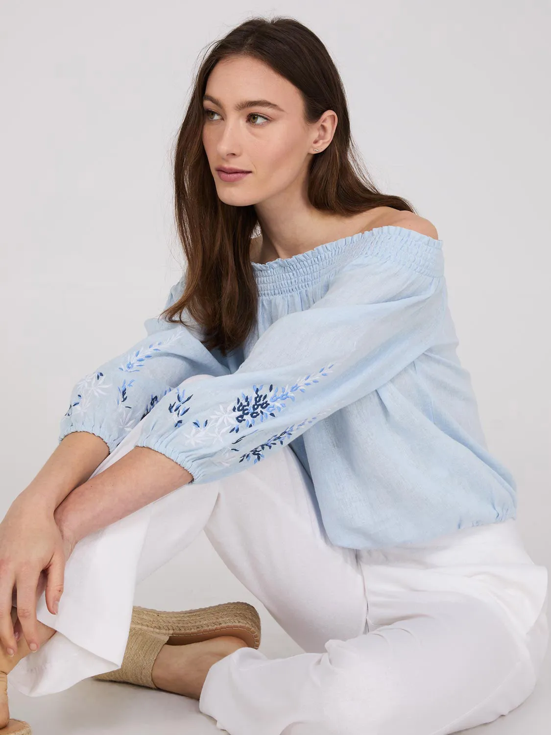 Embroidered Linen Off-The-Shoulder Top