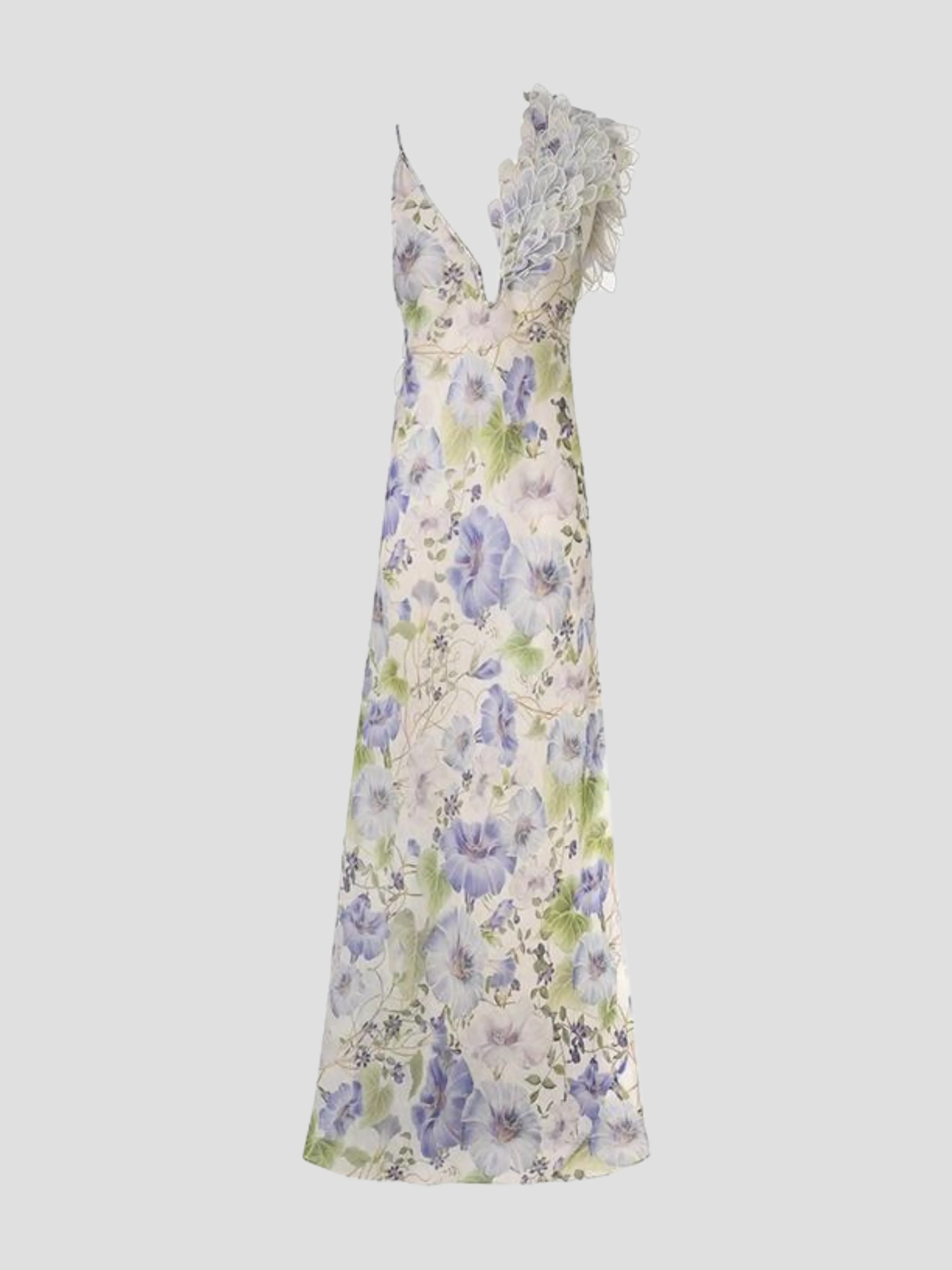 Floral Natura Elegant Feather Slip Gown - Chic Sleeveless Evening Dress with Delicate Floral Design