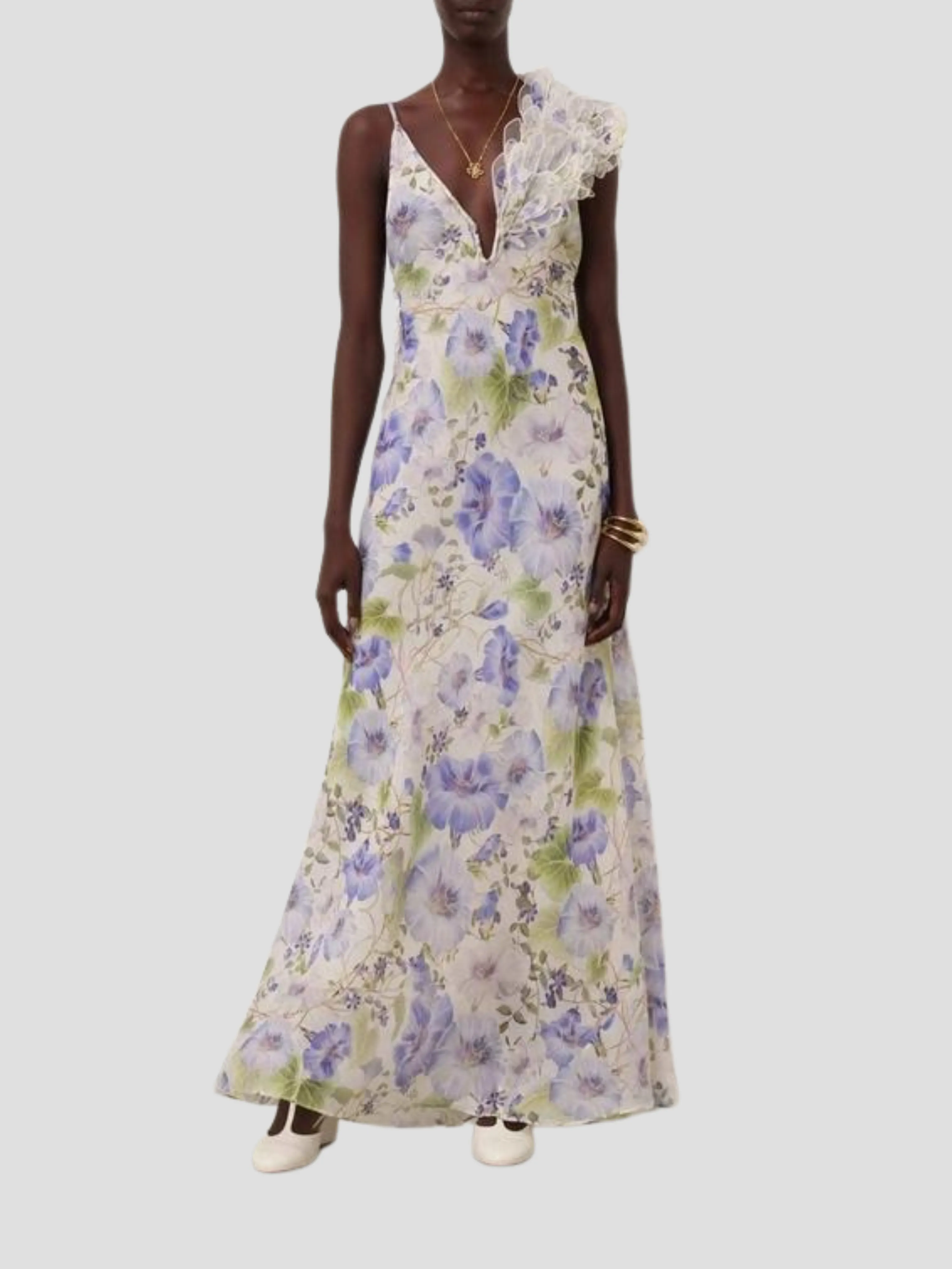 Floral Natura Elegant Feather Slip Gown - Chic Sleeveless Evening Dress with Delicate Floral Design