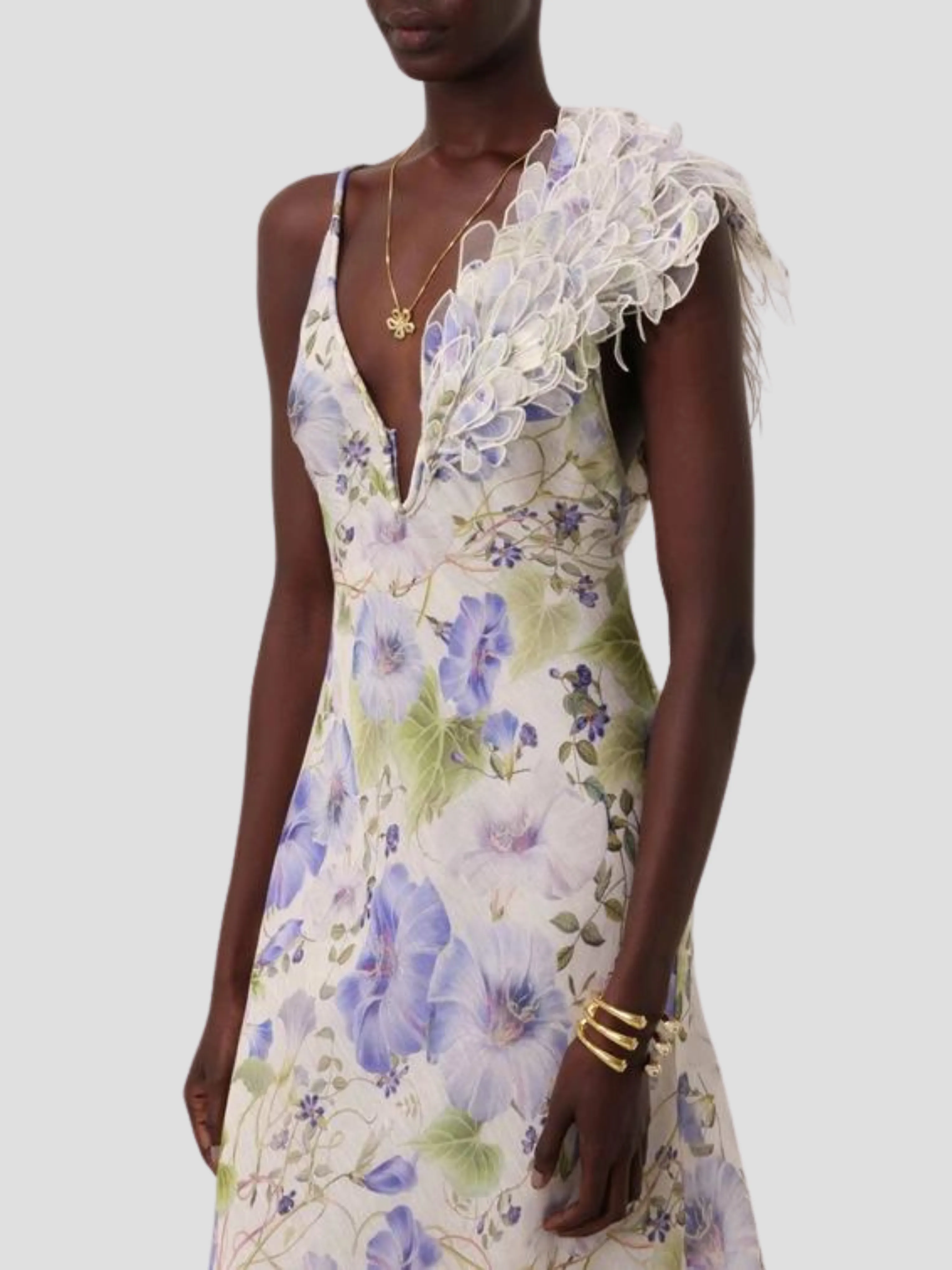 Floral Natura Elegant Feather Slip Gown - Chic Sleeveless Evening Dress with Delicate Floral Design