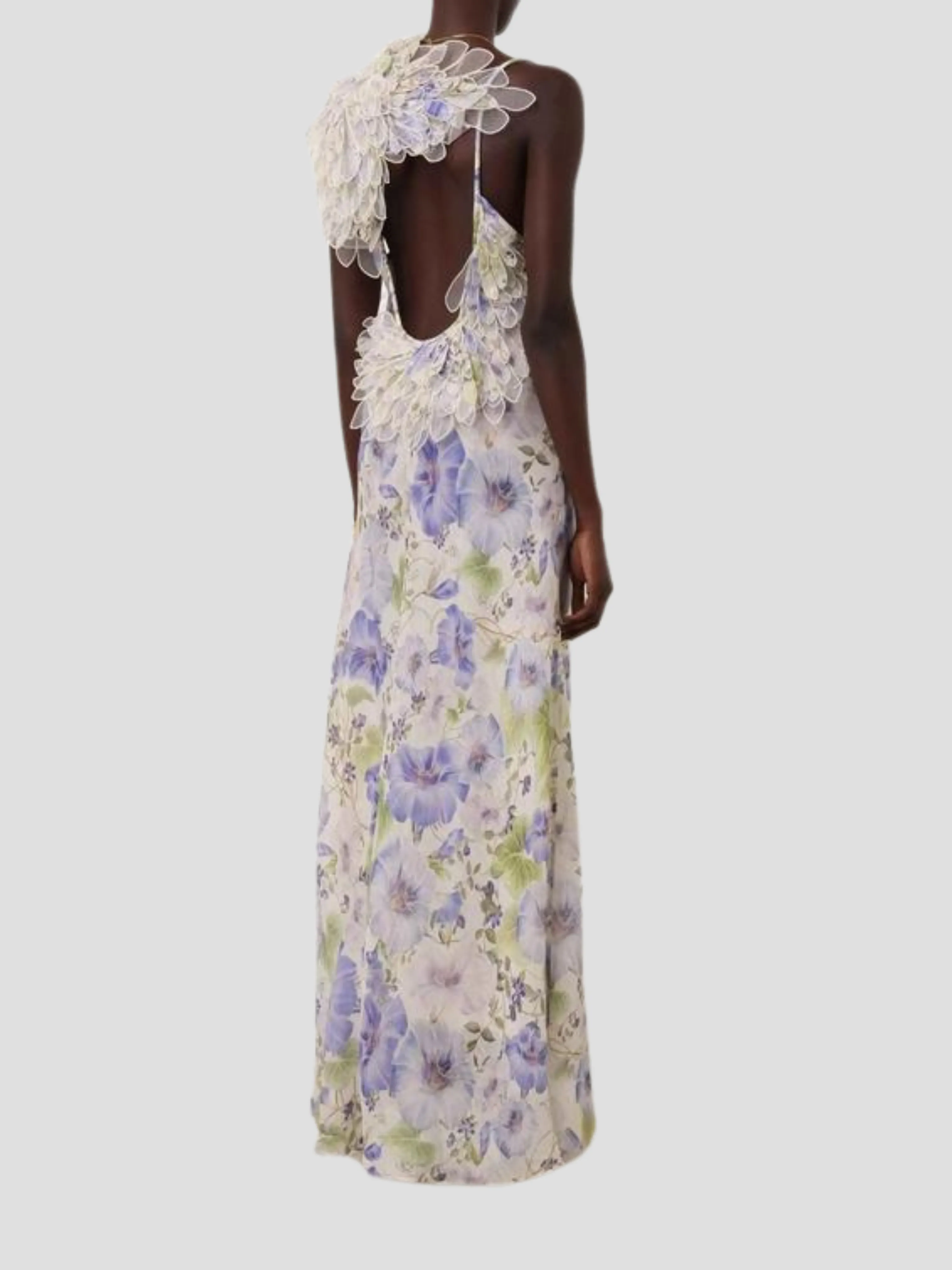 Floral Natura Elegant Feather Slip Gown - Chic Sleeveless Evening Dress with Delicate Floral Design