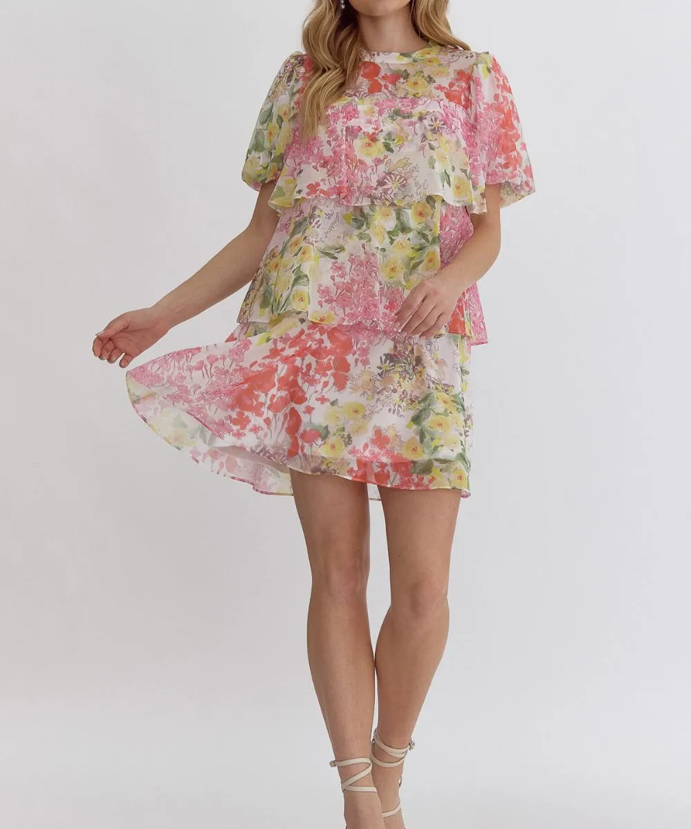 Floral Tiered Mini Dress - Orange Lemon