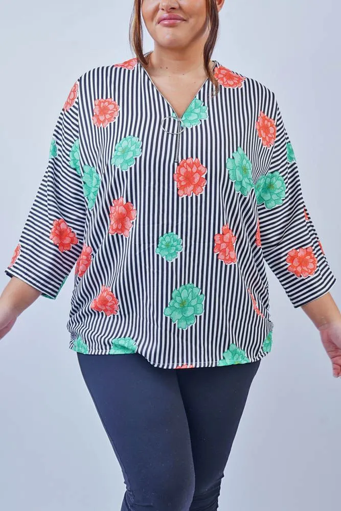 Flower Stripe Print Zip Up Top