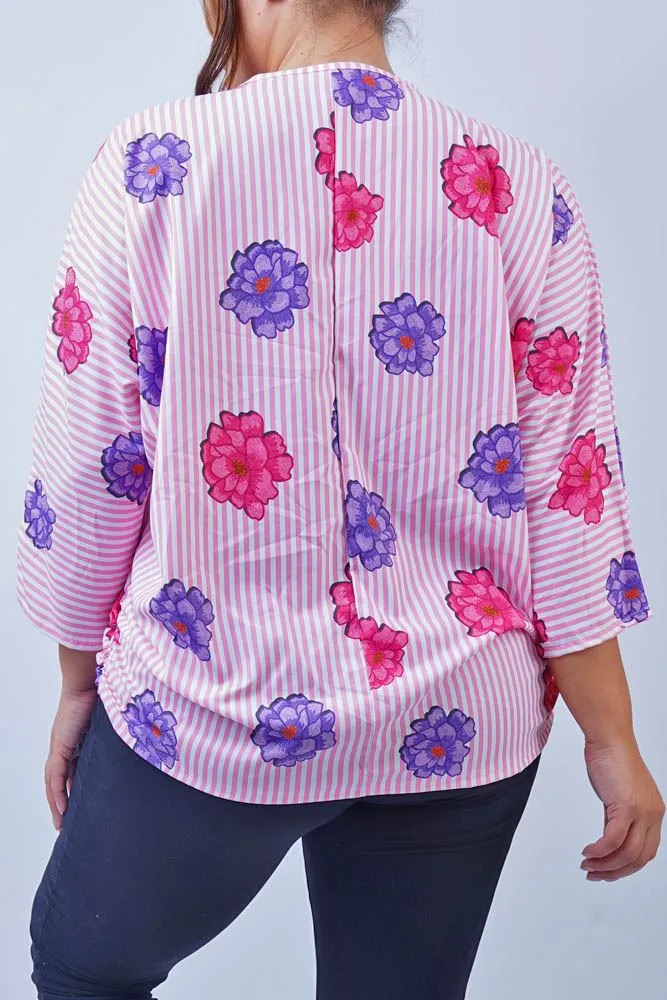 Flower Stripe Print Zip Up Top