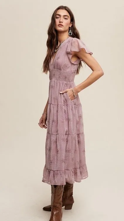 Francesca Embroidered Tulle Midi Dress Dusty Violet