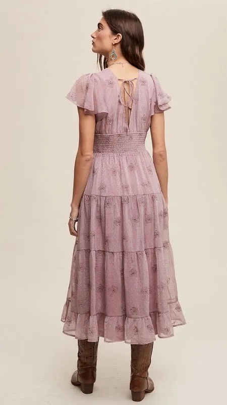 Francesca Embroidered Tulle Midi Dress Dusty Violet